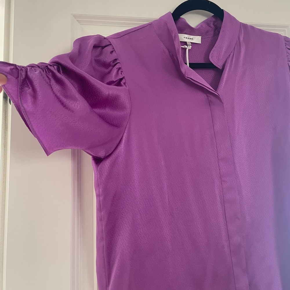 Frame Puff Sleeve Silk Button-Up Shirt Size Large